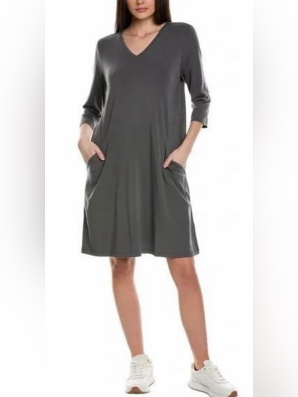 Eileen Fisher V-Neck Pocket Shift Dress in Gray Size Large